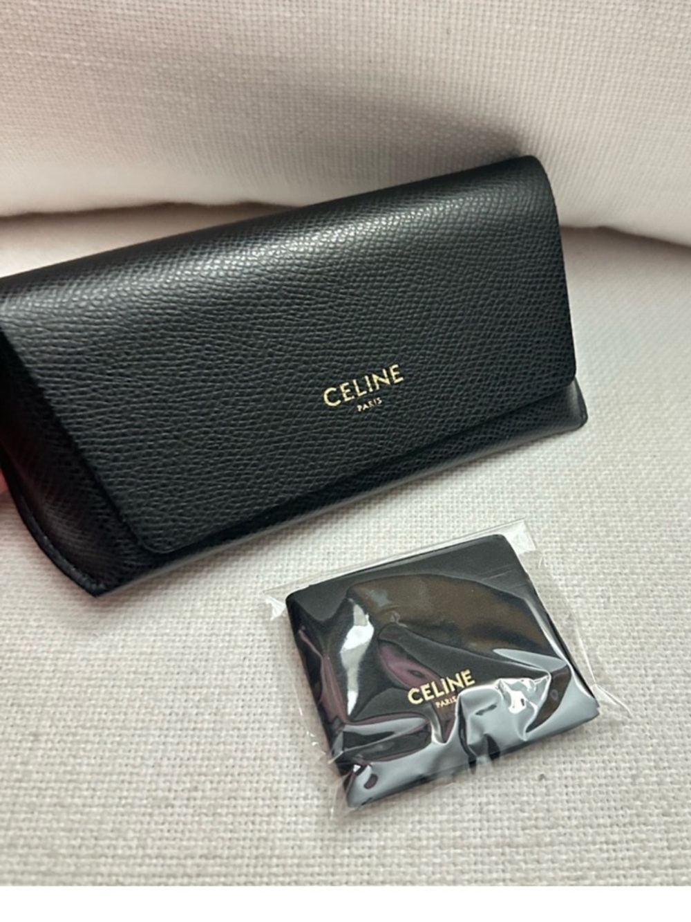 Celine Black Pebbled Leather Sunglass Case with Gold Logo